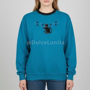 Top Stitch Cat Sweatshirt – Teal Blue – Size L – New with Tag